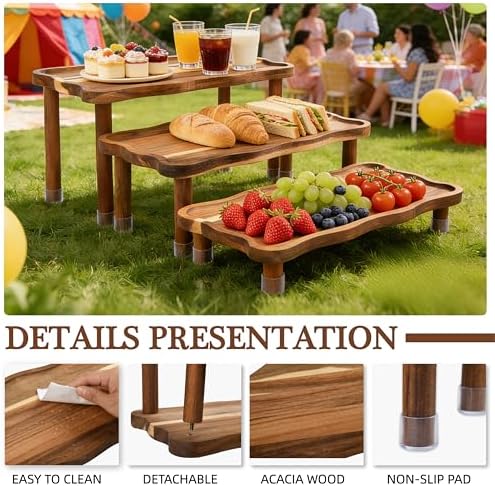 Tiered Serving Tray for Party, Acacia Wooden Cupcake Stand, Detachable Tiered Tray Stand, Stackable Dessert Table Display Set, Decorative Charcuterie Boards for Party, Wedding, Vendor Events - Image 4