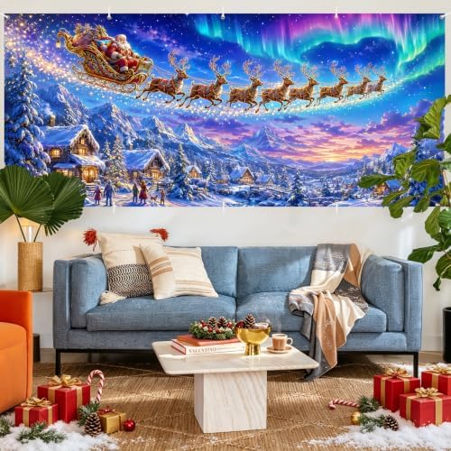 Magical Christmas Garage Door Banner Mural - Santa Sleigh Reindeer Flying Over Winter Snow Village Backdrop Large 7x16ft Holiday Outdoor Wall Decor Durable Weatherproof Fabric Cover for Home Xmas - Image 5