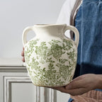 Ceramic Vase with Handles, Vintage Utensil Holder, Flower Decorative Vase Chinoiserie Decor Rustic Farmhouse Retro Floral Vases for Table Bookshelf Mantel Kitchen Living Room Office - 6.7” Green 018 - Image 3