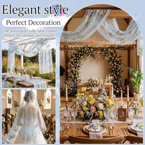 Lounsweer 3 Pcs Blue Wildflower Table Runner 10ft Embroidery Tulle - Image 3