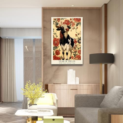 Chinese Lunar Year of the Ox Art Print – Traditional Oriental Home Decor with Red Floral Pattern Reliable Determined Strong Zodiac Wall Decor Aesthetic Family Wall Art 20X30 in Unframed - Image 7