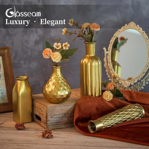 Glasseam Gold Glass Vase, 8pcs Cylindrical Home Decor, Antique Art Deco Style, Holds Water, Gold Electroplating Finish, Living Room Kitchen Bathroom Bedroom Decor, Table Centerpieces - Image 2
