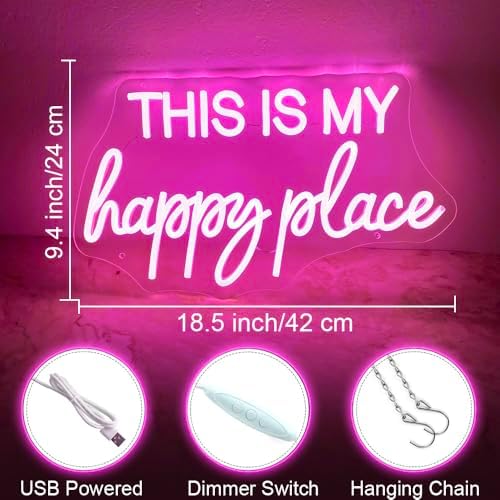 This is My Happy Place Neon Sign Pink LED Letter Neon Light Teen Girls Room Decor, Happy Place Light Up Sign for Bedroom Home College Dorm Game Room Decor, USB Powered with Dimmable Switch - Image 3
