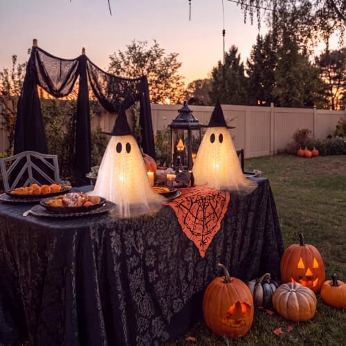 SiliFine 2 Pack Halloween Light up Ghost Decorations with Witch Hats, White - Image 3