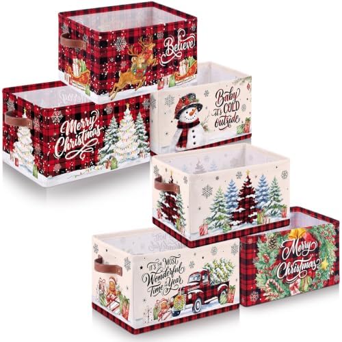 6 Pcs Large Christmas Storage Baskets, Buffalo Plaid Snowman Xmas Bins by Acellegic