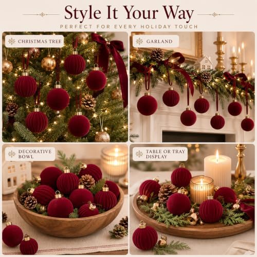 Pinkunn 24 Pcs Velvet Burgundy Christmas Ball Ornaments 2.36 Inch - Image 6
