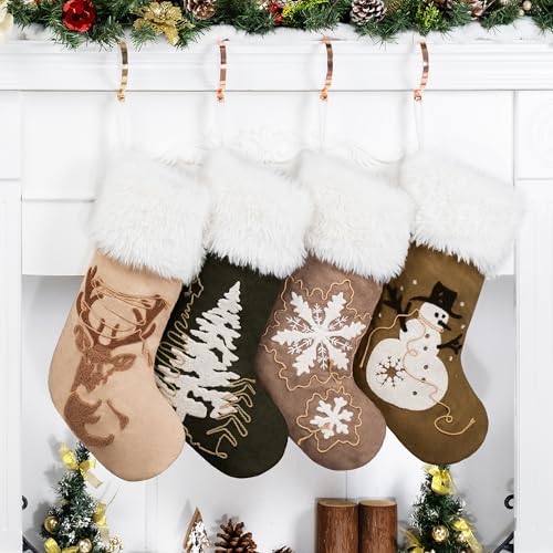 GEX Christmas Stockings 4 Pack for Family Soft Suede with Rope Stitch Embroidery Large 20" Fluffy Faux Fur Rustic Farmhouse Country Stockings for Xmas Fireplace Decoration (Set of 4) by GEXWorldwide