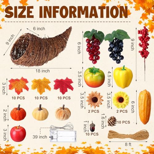 20pcs Thanksgiving Cornucopia Basket Set Fall Table Centerpieces 18inch Horn Cornucopia Centerpiece of Plenty Harvest Decor with Artificial Leave Acorn Fruits Decor for Autumn Dining Table Centerpiece - Image 2