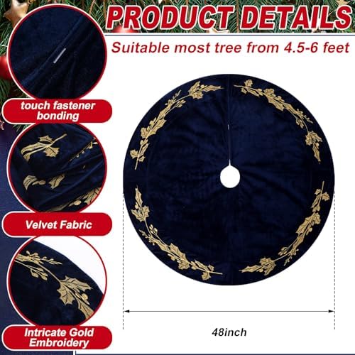48 Inch Christmas Tree Skirt Velvet Xmas Tree Skirt with Gold Embroidery Holly Leaf Decorations for Christmas Party Favors Holiday New Year Decor(Blue) - Image 2
