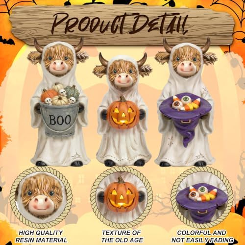 3 Pcs Halloween Highland Cow Figurines, Ghost with Pumpkin Decor - Image 4