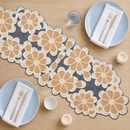 Hand Beaded Gold Silver Floral Runner 13x36 Holiday Décor - Image 2
