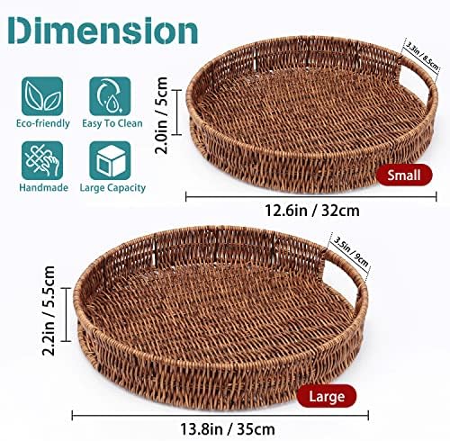 Coffee Table Tray 2 Pack Rattan Woven Basket Multifunctional Round Rattan Serving Tray with Handles, Decorative Trays for Home Decor, Kitchen Counter, Living Room - Image 2