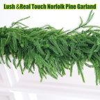 【Extra Full】 2Pcs 9FT Christmas Norfolk Pine Garland, Greenery Real Touch Decorations for Mantle Table Staircase Fireplace Mantel Porch Holiday Home Faux Xmas Winter Indoor Outdoor Decor - Image 6