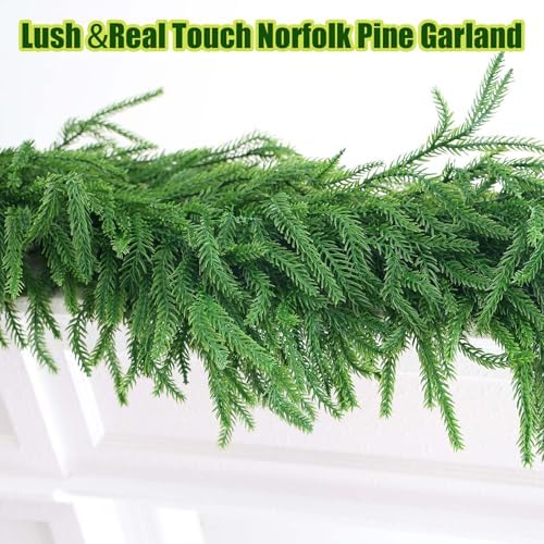 【Extra Full】 2Pcs 9FT Christmas Norfolk Pine Garland, Greenery Real Touch Decorations for Mantle Table Staircase Fireplace Mantel Porch Holiday Home Faux Xmas Winter Indoor Outdoor Decor - Image 6