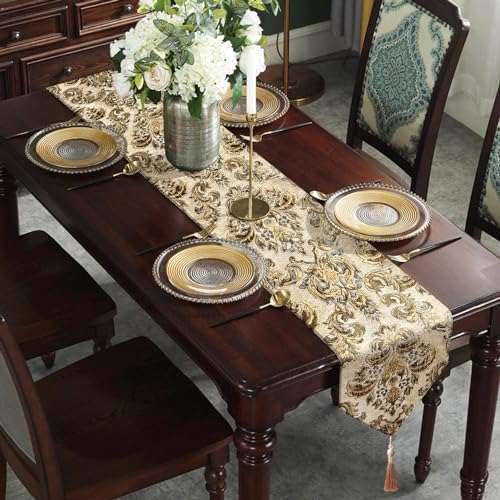Vintage Table Runners 72" Beige Chenille Jacquard European Floral Pattern - Image 3