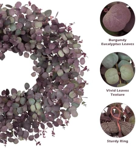 24" Fall Wreath for Front Door with Artificial Burgundy Eucalyptus Leaves - Image 5