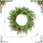 Glitzhome 24" D Christmas Wreath for Front Door, Real Touch Green Artificial Cedar Wreath with Red Berries for Porch, Window, Wall Indoor and Outdoor Home Decor - Image 5