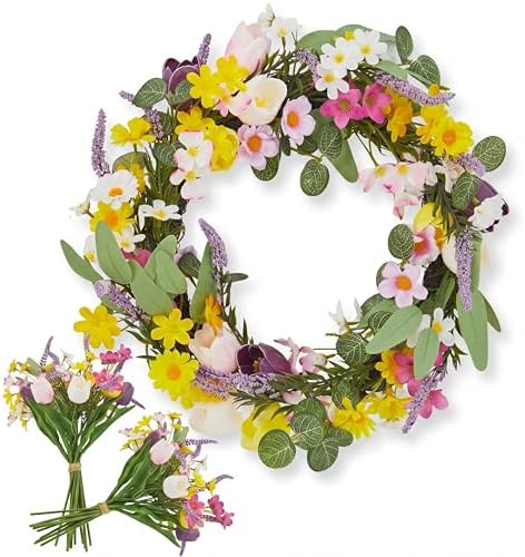 18in Faux Tulip Spring Sumemr Wreath, Artificial Tulip and Lavender Wreath with 2 Matching Bouquets, Fake Flower Door Wreath with Real Rattan Base, Front Door Home Decor Mother's Day by IDEALHOUSE