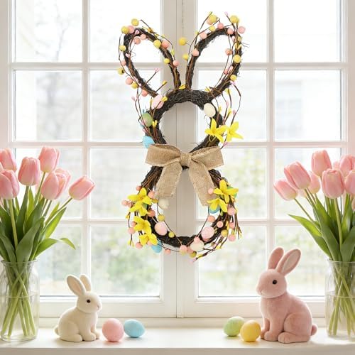 19.6 Inch Easter Bunny Wreaths for Front Door, Easter Bunny Wreath Spring Bunny Shaped Artificial Flower Band with Colored Eggs Berries for Front Door Wall Home Window Decor - Image 5