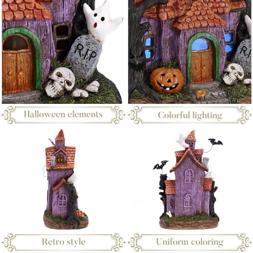 Valery Madelyn Halloween Decorations, Lighted Halloween Village Houses with LED Lights, Resin Spooky Town Happy Haunted House for Home and Party Table Desk Mantel, 12 Inch - Image 5