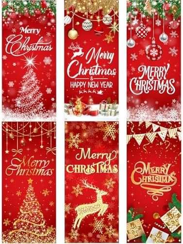 Preboun 6 Pcs Christmas Door Cover Decoration Merry Christmas Happy New Year Door Decorations Red for Home Wall Indoor Party Decorations 78 x 35 Inches by Preboun