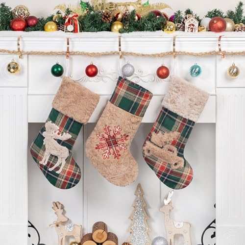 LUBOT New 3 Pack Christmas Stocking 20" Red Green Plush Plaid Mix and Match Classic Rustic Farmhouse Country Cotton Fireplace Hanging Xmas Stockings Decorations for Family Holiday Season Decor - Image 4