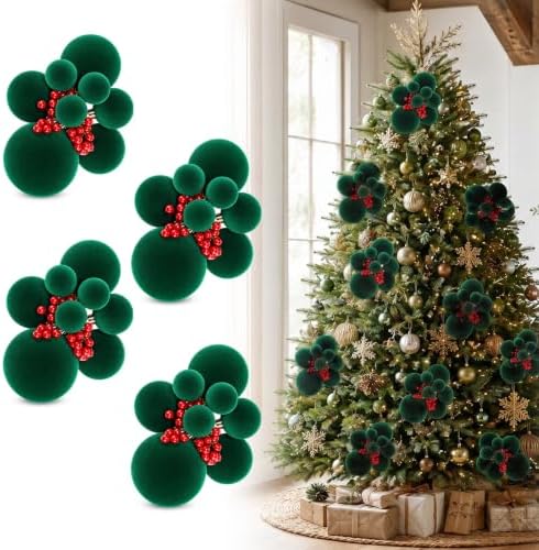 Roowest 4 Set Christmas Green Ball Clusters Ornament Velvet Tree Decoration by Roowest