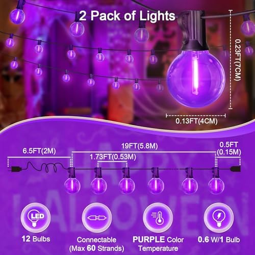 LAMPHOME G40 LED Outdoor Halloween String Lights, 2 Pack 26FT Patio Lights with 12+1 Edison Shatterproof Bulbs(1 Spare), Connectable Outside Lights for Backyard Porch Halloween Christmas Decor, Purple - Image 2