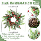 6 Pcs Christmas Candle Rings Wreaths Artificial Snowy Pine Cedar Red Berry Clusters Candle Rings Wreaths Mini Christmas Balls Wreath for Xmas Winter Front Door Window Decorations ﻿ - Image 3