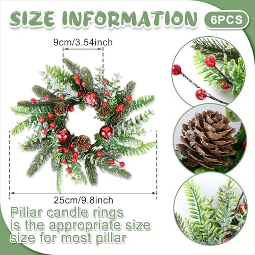 6 Pcs Christmas Candle Rings Wreaths Artificial Snowy Pine Cedar Red Berry Clusters Candle Rings Wreaths Mini Christmas Balls Wreath for Xmas Winter Front Door Window Decorations ﻿ - Image 3