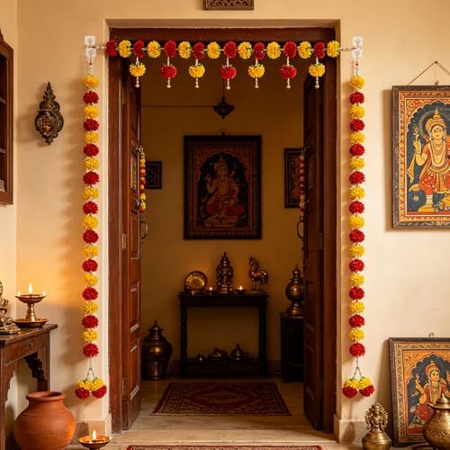Marigold Garland Hindu Diwali Wedding Toran Flower Hanging Pooja Decor 3PCS - Image 3