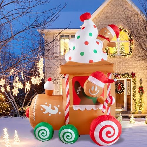 Nervure 7.5Ft Christmas Train Inflatable - Christmas Inflatable Decorations with Gingerbread Man - Xmas Blow Up Built-in LED Lights for Xmas Outdoor Lawn Garden Yard Decor by Nervure