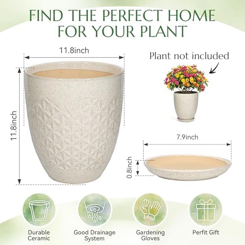 11.8 Inch Flower Pots for Indoor Plants,Ceramic Planter with Saucer Drainage Leak-Proof Mesh Gardening Gloves (Silk-White) - Image 6