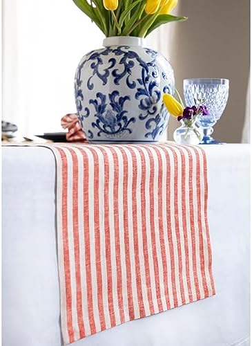 Solino Home 100% Pure Linen Table Runner, 14 x 48 in, Red and White Striped - Image 2