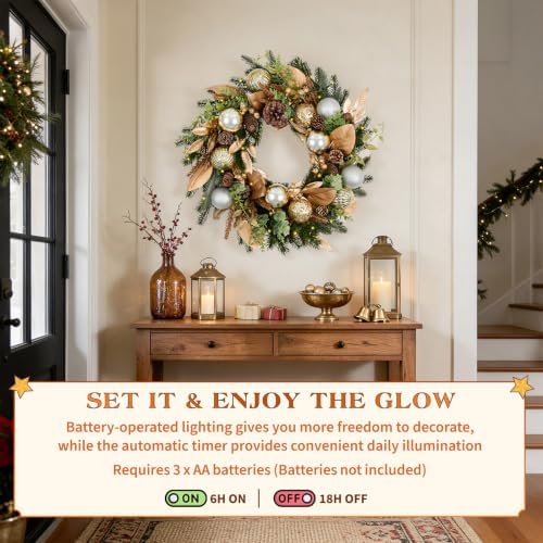 Hykolity 24 Inch Pre-Lit Botanical Christmas Wreath, Battery Operated Lighted Wreath with 30 Warm White LEDs, Timer, Gold Silver Ornaments, Pinecones and Decorative Leaves for Front Door - Image 4