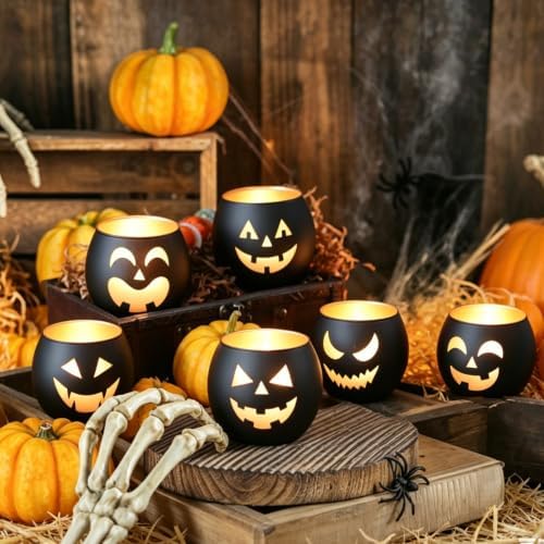 SHMILMH Halloween Table Centerpiece Candle Holders Set of 12, Black and Gold Glass Votive Holder with 6 Grimace, Tealight Holders Bulk for Halloween Party Decor - Image 6