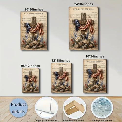Ship Next Day – Patriotic Canvas Wall Art, God Bless America Cross with Flag, Rustic Country Farmhouse Decor, Wildflowers and Rocks, Americana Framed Prints for Bedroom - Image 6