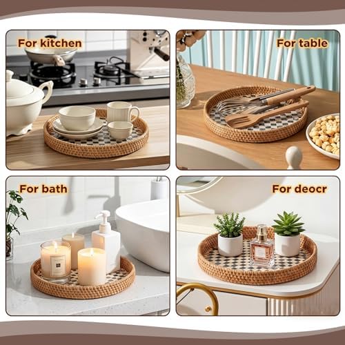 3 Pack Round Rattan Tray with Mother of Pearl Inlay Rattan Serving Tray for Coffee Bread Fruits Decorative Wicker Serving Platter for Table Home Kitchen Decor Black Checkerboard Style, 3 Size - Image 4