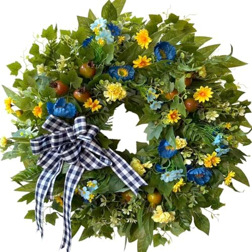 WANNA-CUL 24 Inch Blue Yellow Summer Wreath for Front Door All Season Decor by WANNA-CUL