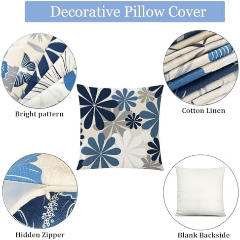 COMMINY Blue Beige Linen Pillow Covers 20x20 Set 6 Farmhouse Throw Cover - Image 4