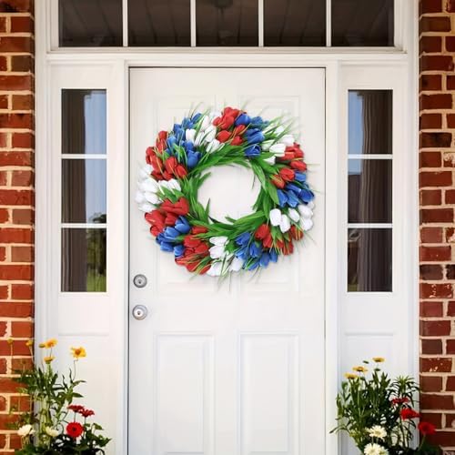 U'Artlines 20 Inch Tulip Patriotic Wreath for Front Door, Red White Blue - Image 3