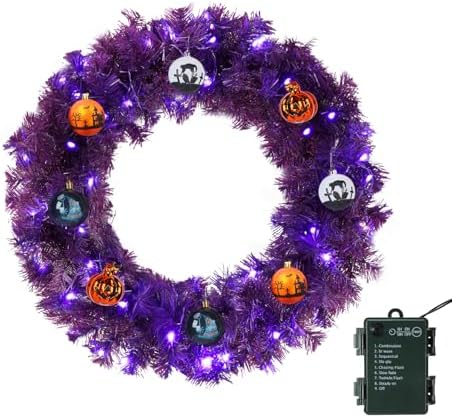 VINGLI 24 Inch Purple Christmas Wreath with Lights, Small Xmas Wreath with 50 Purple and Orange LEDs, 100 PVC Tips, Colorful Balls, Battery Operated for Halloween Easter Christmas Decor by VINGLI