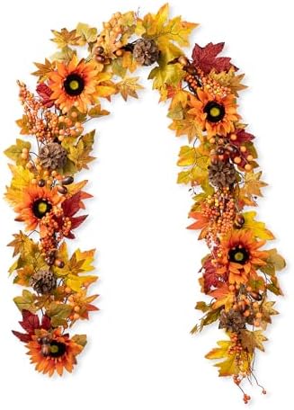 Glitzhome 6FT Fall Thanksgiving Garland, Artificial Hanging Sunflower & Maple Leaf & Berry Garland, Autumn Decor for Home Christmas Thanksgiving Halloween Wedding by Glitzhome