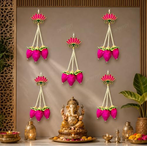Divyakosh Handmade Lotus Buds Hanging, Pack of 5, Size 16 Inch, Pooja Room Decoration Items, Solawood Lotus Hangings for Decor, Mandir Decorations Items, Garlands for Decorative |, Multicolor - Image 5