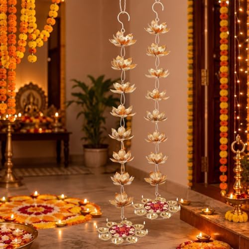 LemonRoad 2Set Diwali Hanging Urli Bowl Metal Lotus Diya Pot Floating Decor - Image 6