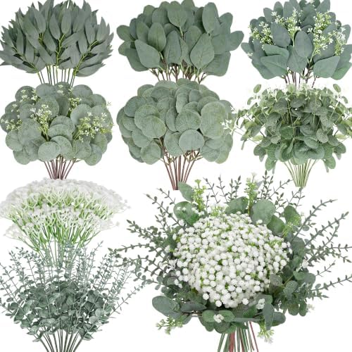 200 Pcs 8 Kinds Mixed Artificial Eucalyptus Stems Bulk Fake Silver Dollar Eucalyptus White Seeds Stems Bundle Faux Plants Greenery for DIY Bouquets Floral Arrangement Wedding Engagement Party Decor by Palonu