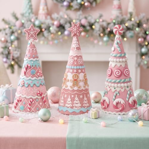 Simgoing 3 Pcs Pink Gingerbread Christmas Tree Figurines Pastel Table Decor - Image 4