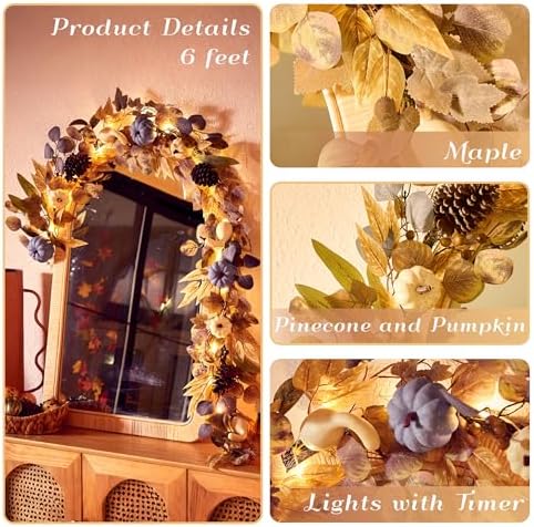 DecorbyHannah 6ft Fall Garland for Mantle with Lights, Pumpkin, Pinecone - Image 5