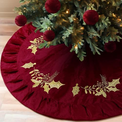 Christmas Tree Skirt, 72 Inches, Gold Embroidered Holly Style, Red by Vertintong