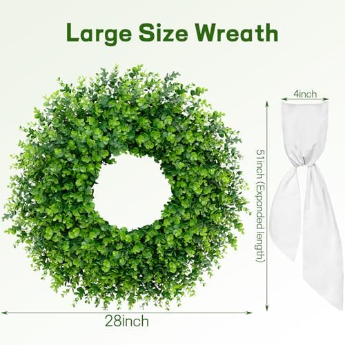 28'' Large Boxwood Wreaths Front Door Artificial Green Spring Wreath with Sash Wreaths for Front Door Farmhouse Greenery Year Round Outdoor Indoor for Summer Wreath St Patricks Day Decoration - Image 2